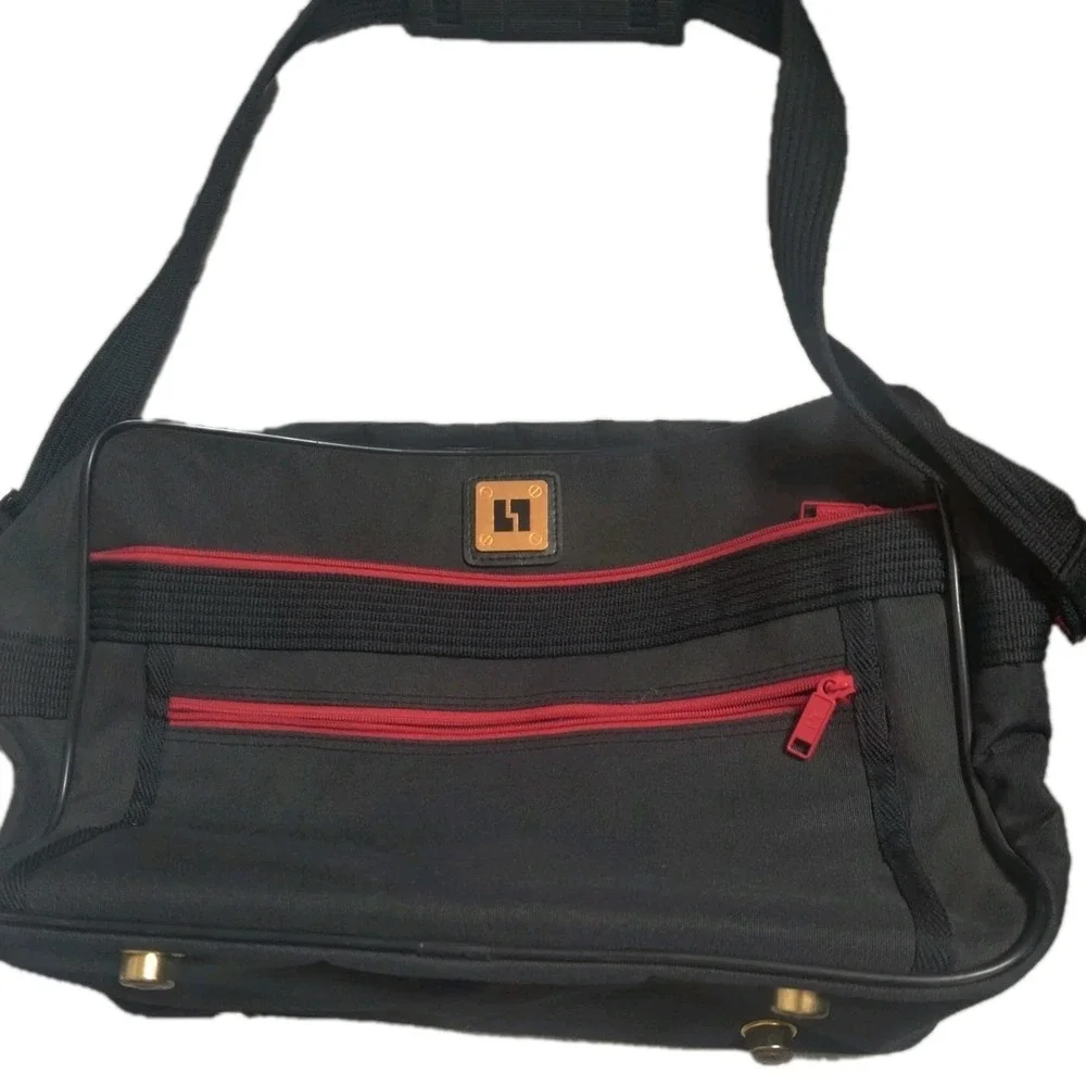 Black Solid Messenger Bag w/ Adjustable Shoulder Strap Red Zipper Brass Hardware